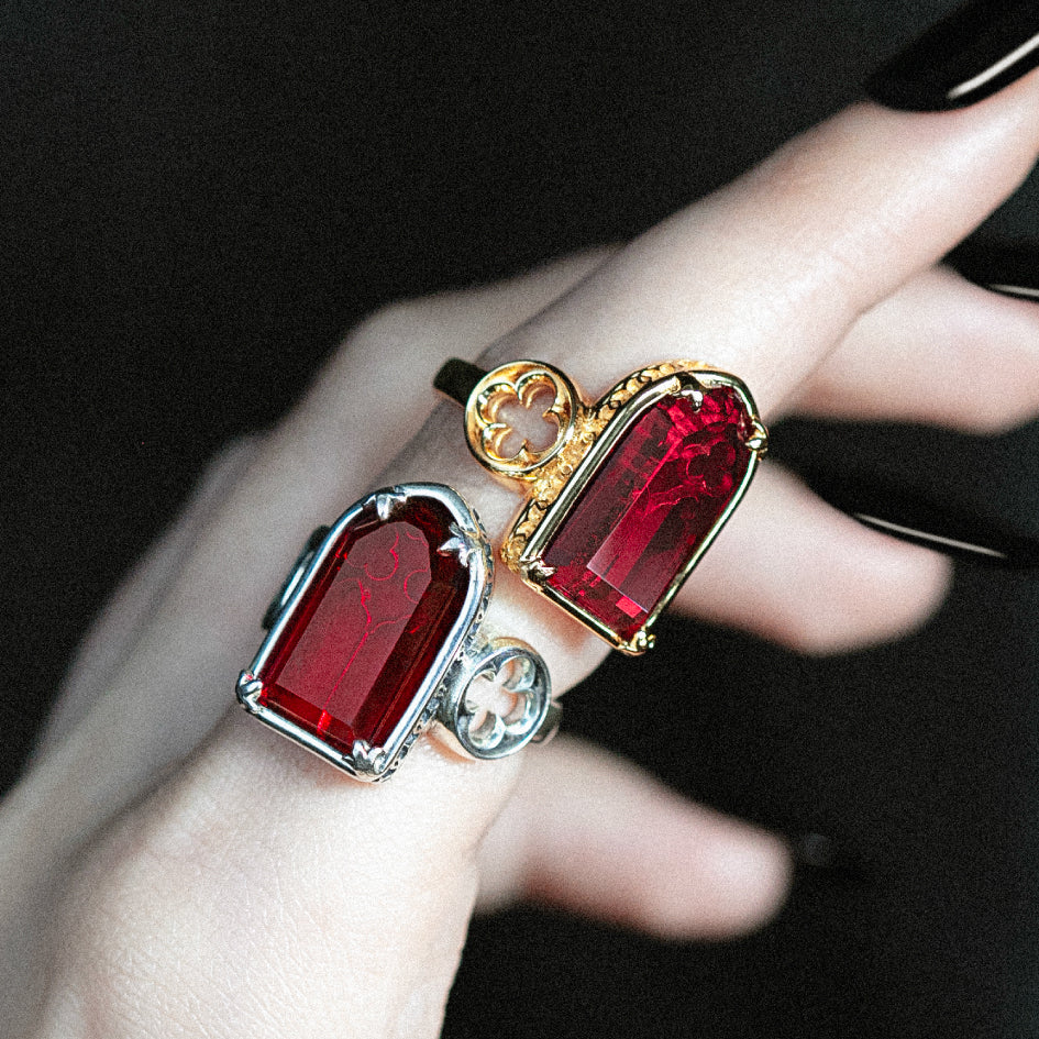 ALTAR. Gothic Arch Red Glass Ring - Gold