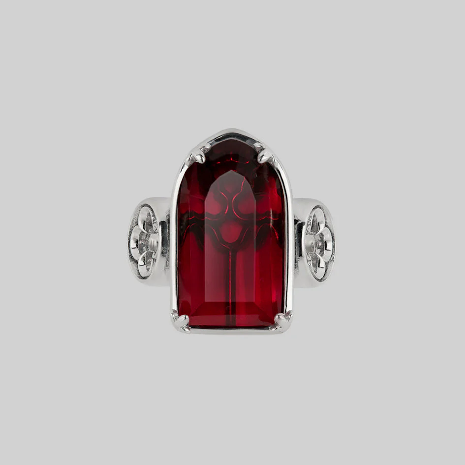 ALTAR. Gothic Arch Red Glass Ring - Silver