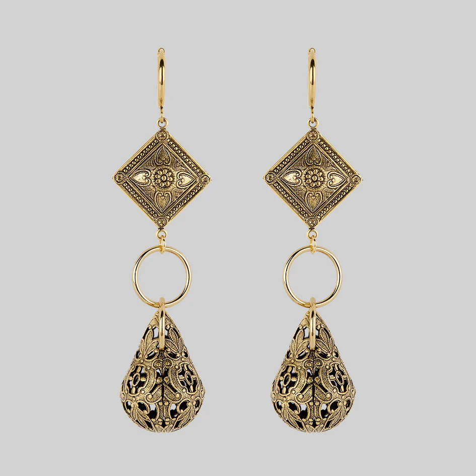 AMPHITRITE. Ornate Teardrop Hoop Earrings - Gold - Image 2