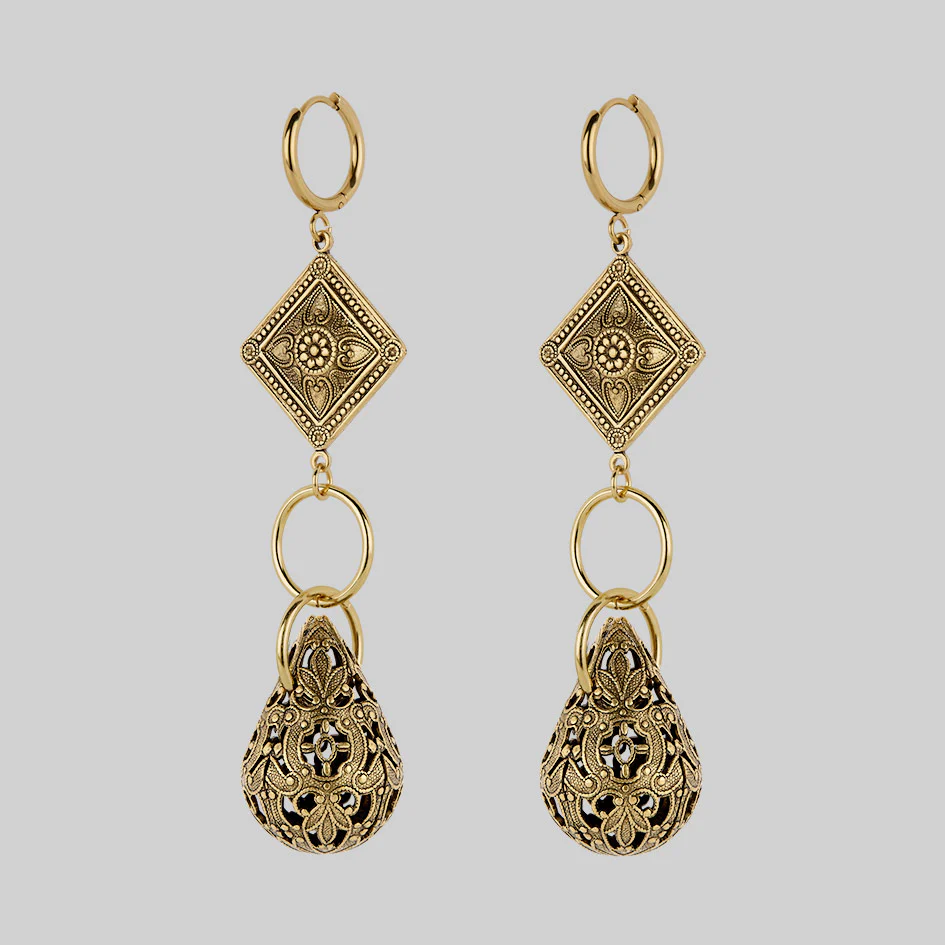 AMPHITRITE. Ornate Teardrop Hoop Earrings - Gold - Image 3