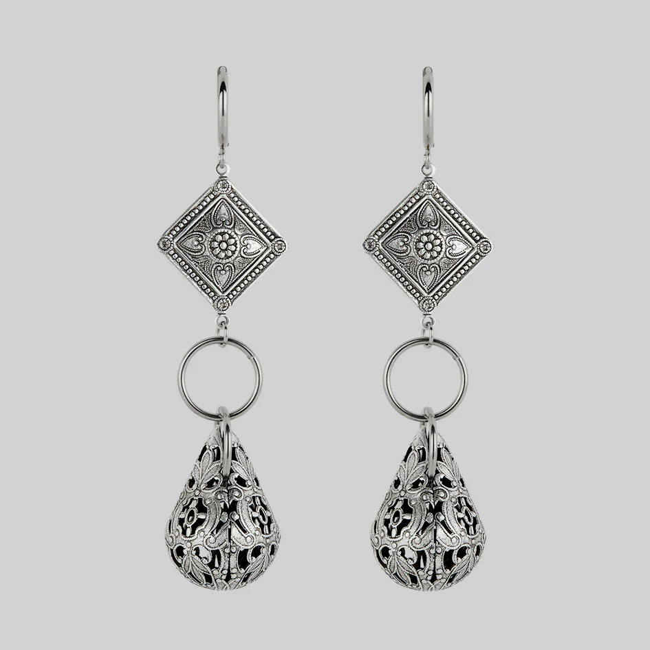 AMPHITRITE. Ornate Teardrop Hoop Earrings - Silver