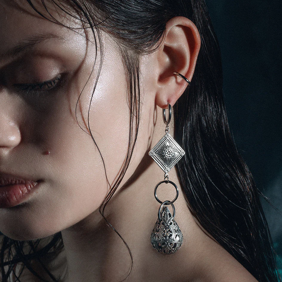 AMPHITRITE. Ornate Teardrop Hoop Earrings - Silver - Image 2