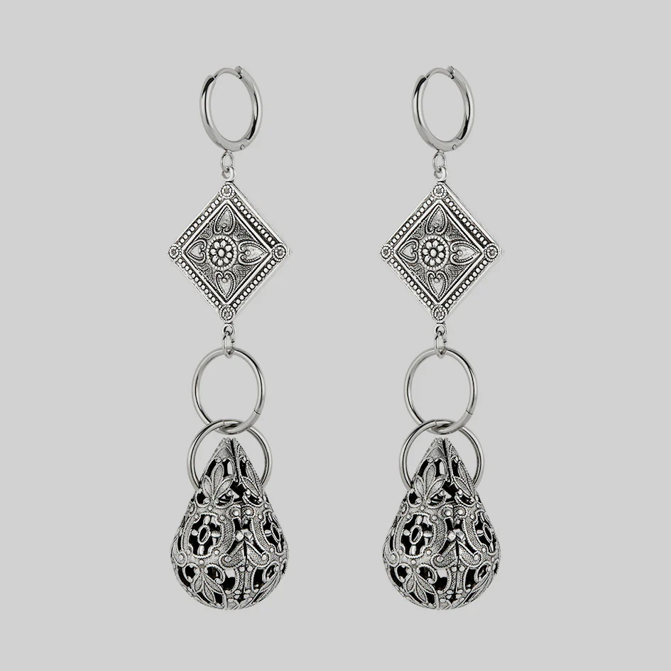 AMPHITRITE. Ornate Teardrop Hoop Earrings - Silver - Image 3