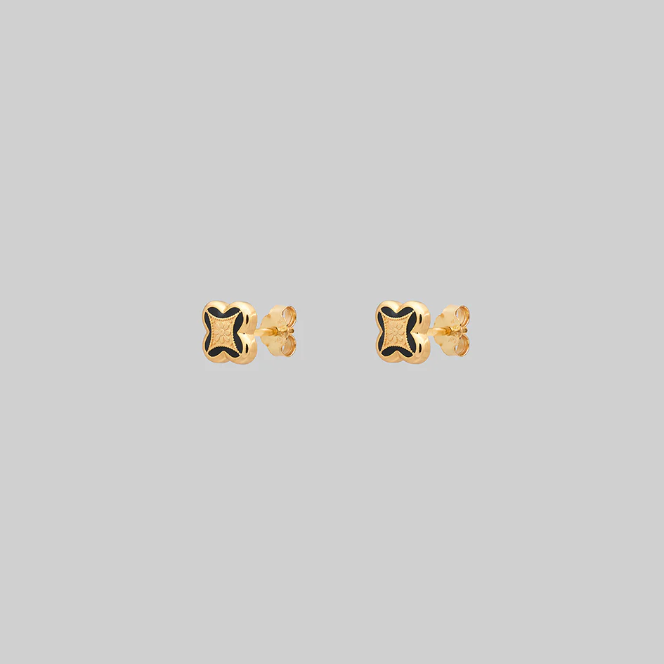 ANNIE. Tiny Tudor Crest Black Enamel Stud Earrings - Gold - Image 4