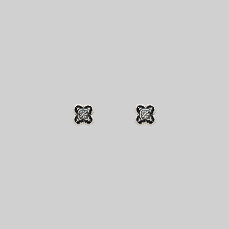 ANNIE. Tiny Tudor Crest Black Enamel Stud Earrings - Silver