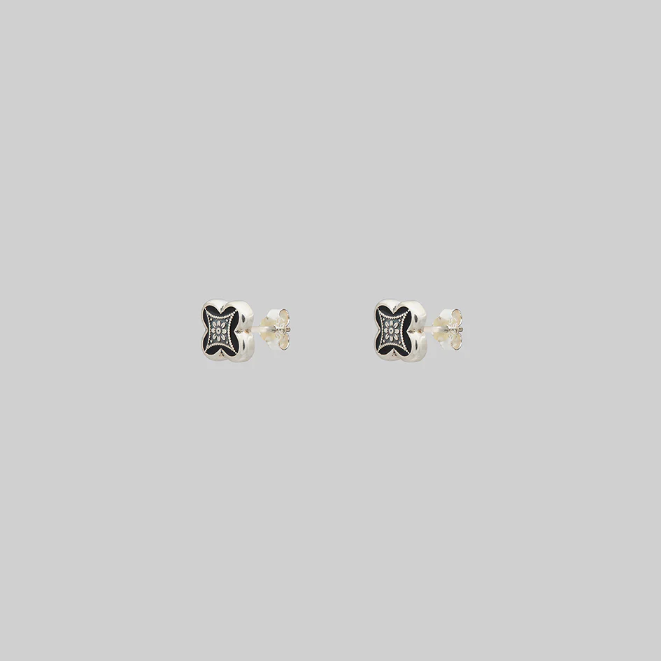 ANNIE. Tiny Tudor Crest Black Enamel Stud Earrings - Silver - Image 3