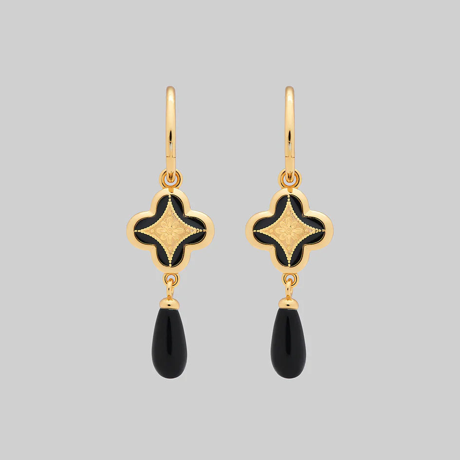 ANNIE. Tudor Crest Black Enamel Hoop Earrings - Gold - Image 2
