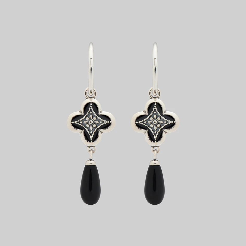 ANNIE. Tudor Crest Black Enamel Hoop Earrings - Silver