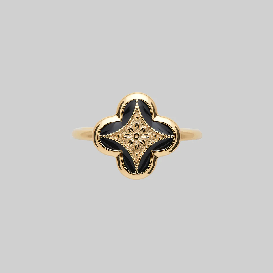 ANNIE. Tudor Crest Black Enamel Ring - Gold - Image 2