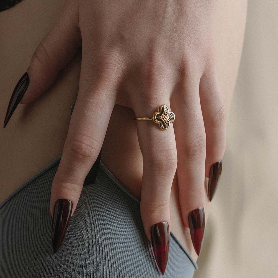 ANNIE. Tudor Crest Black Enamel Ring - Gold - Image 3