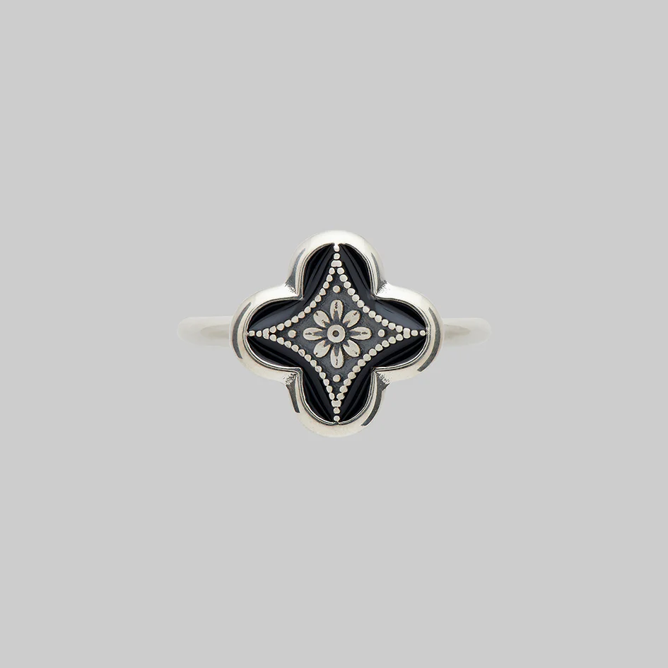 ANNIE. Tudor Crest Black Enamel Ring - Silver