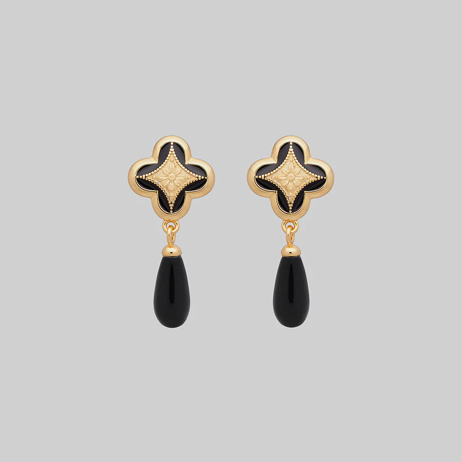 ANNIE. Tudor Crest Black Enamel Stud Earrings - Gold - Image 2