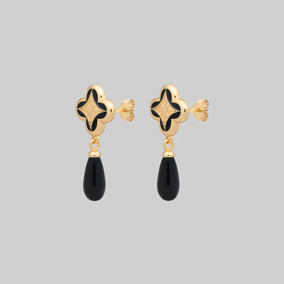 ANNIE. Tudor Crest Black Enamel Stud Earrings - Gold - Image 3