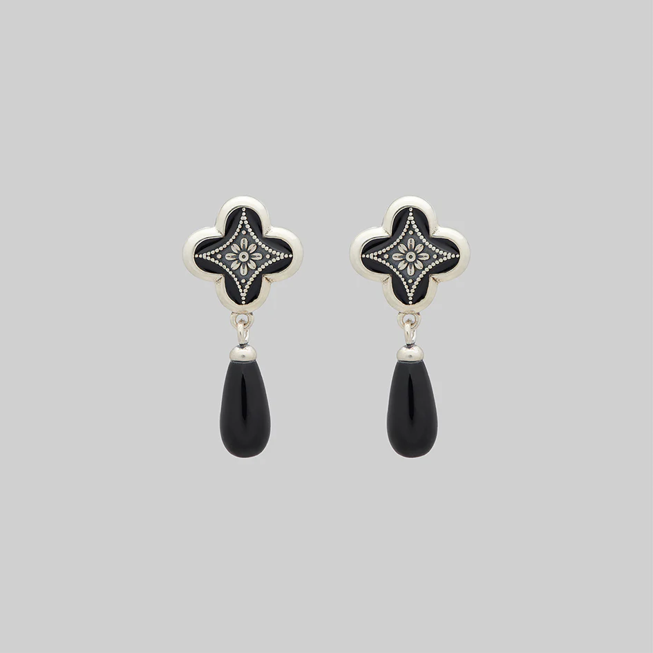 ANNIE. Tudor Crest Black Enamel Stud Earrings - Silver
