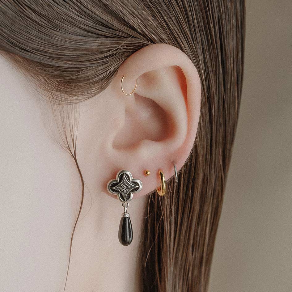 ANNIE. Tudor Crest Black Enamel Stud Earrings - Silver - Image 2