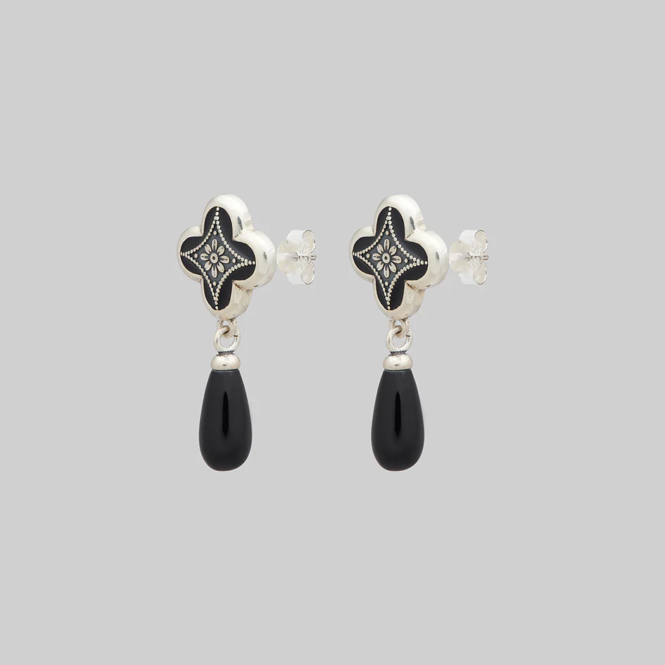 ANNIE. Tudor Crest Black Enamel Stud Earrings - Silver - Image 3