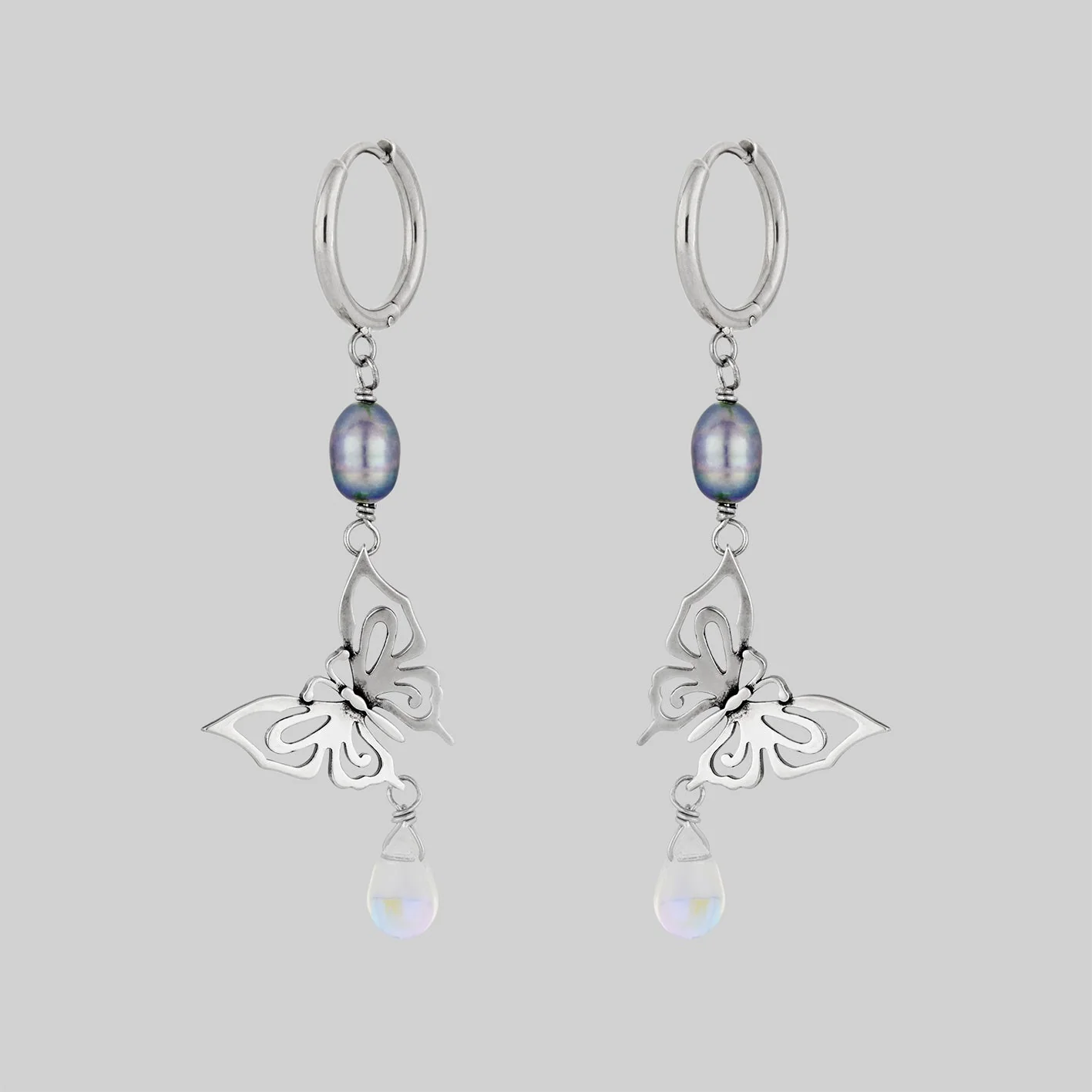 ANTHEIA. Iridescent Butterfly Droplet Hoop Earrings - Silver - Image 2