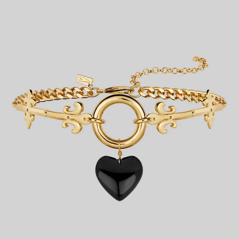 ARMOURED HEART. Black Glass Heart Hinged Choker - Gold - Image 2