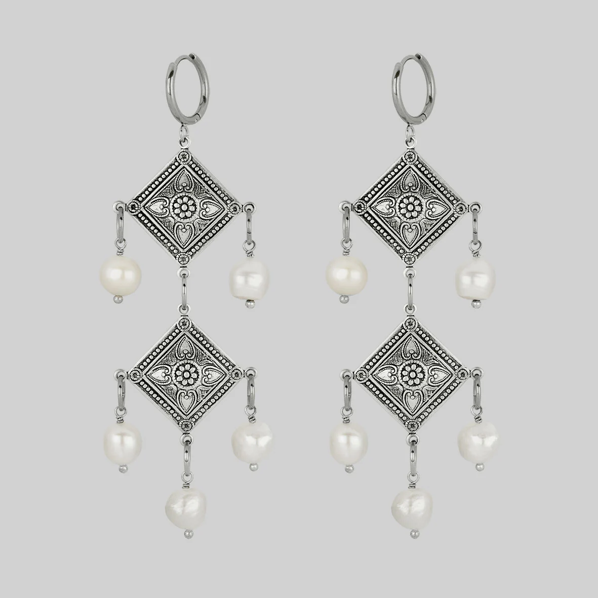 BANQUET. Pearl Chandelier Hoop Earrings - Silver - Image 2