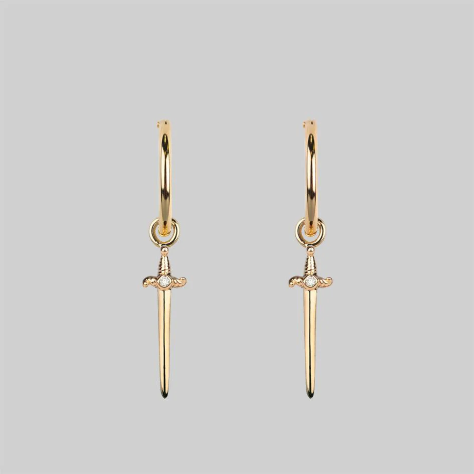 BETRAYAL. Cubic Zirconia Dagger Hoop Earrings - Gold - Image 2