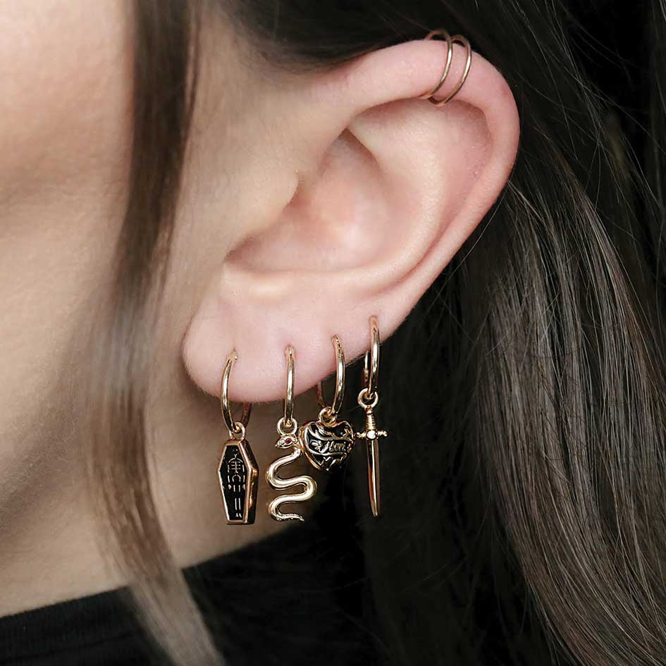 BETRAYAL. Cubic Zirconia Dagger Hoop Earrings - Gold - Image 3