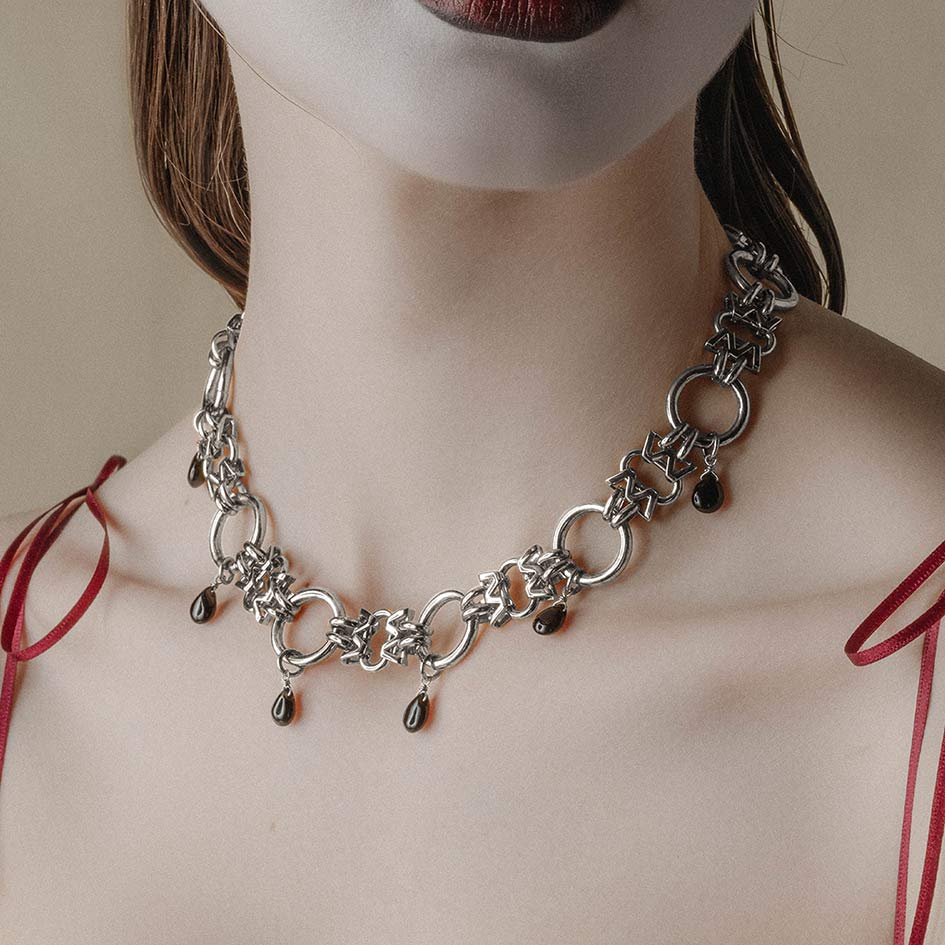 CELIA. Black Agate Droplet Chain Collar - Silver - Image 2