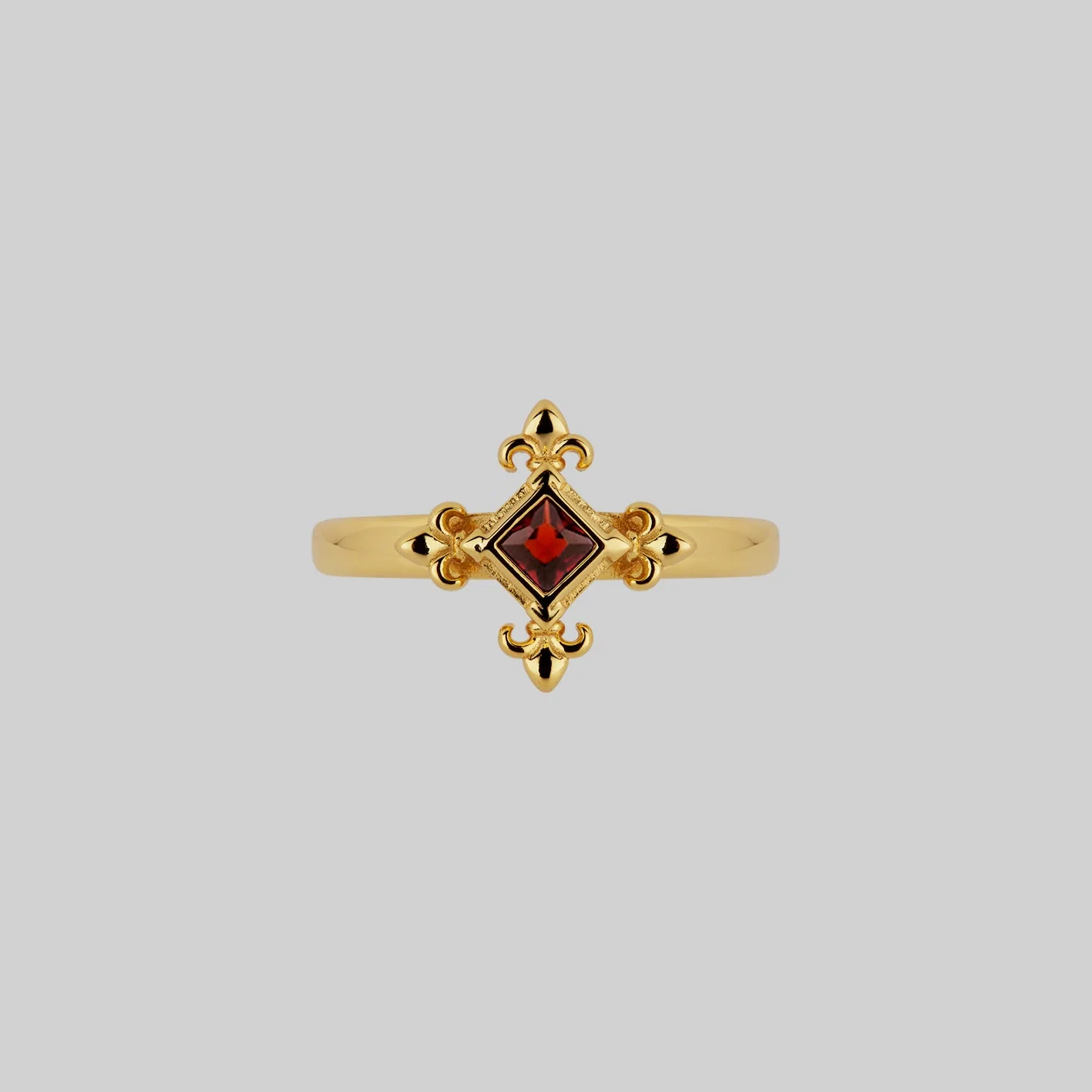 CRIMSON. Medieval Fleur de Lis Garnet Ring - Gold - Image 2