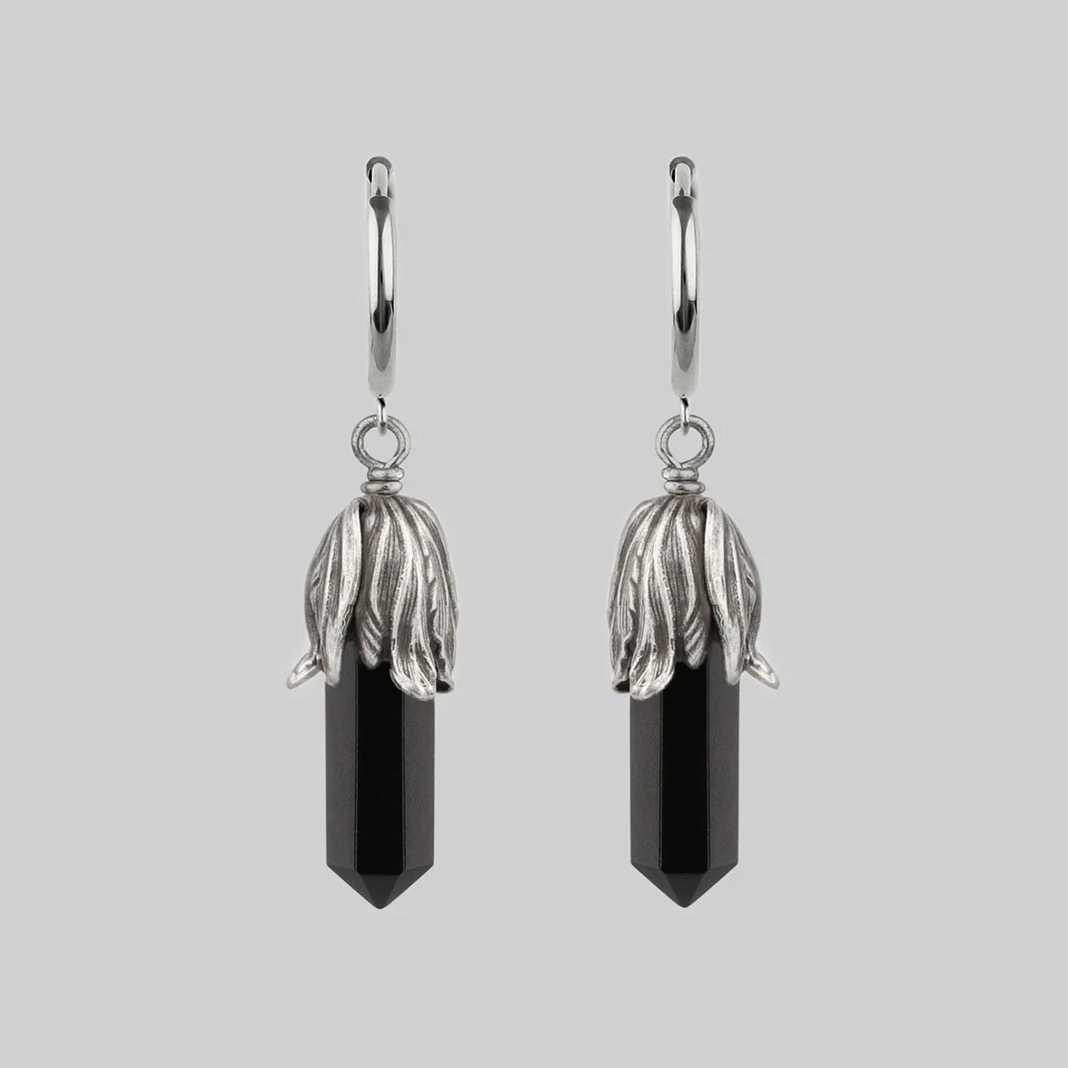 DEATH BLOOM. Black Agate Gemstone Earrings - Silver - Image 2