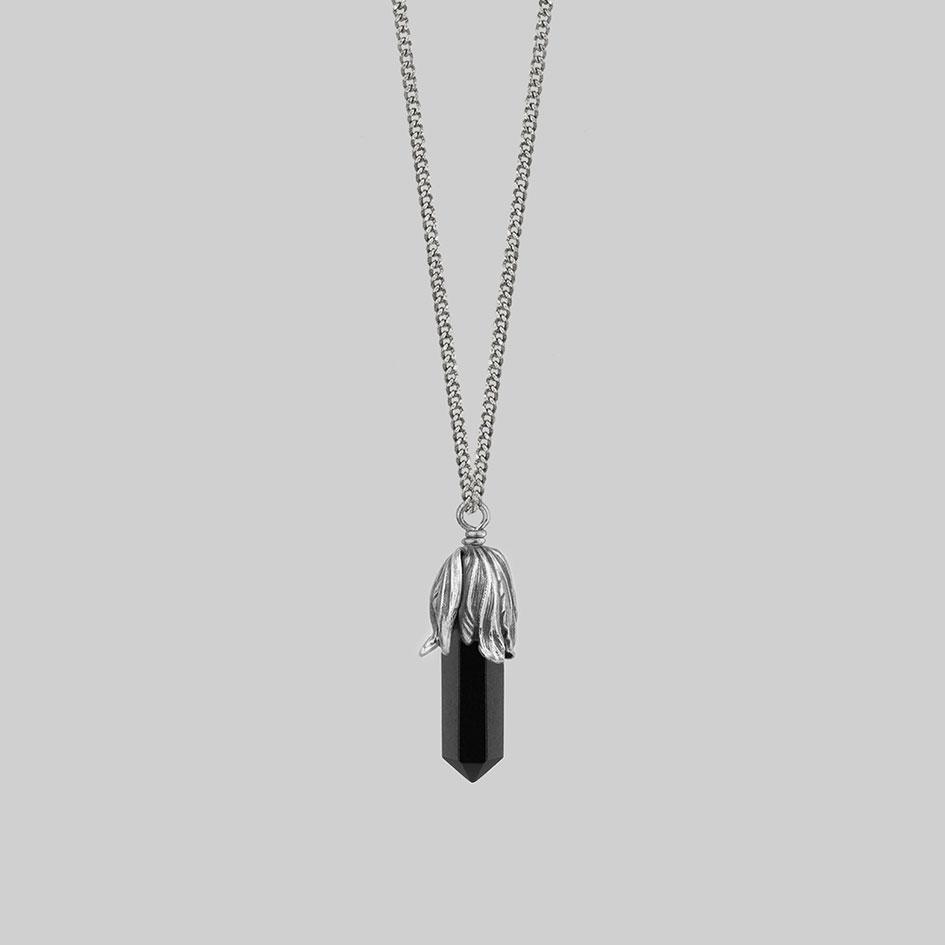 DEATH BLOOM. Black Agate Gemstone Necklace - Silver