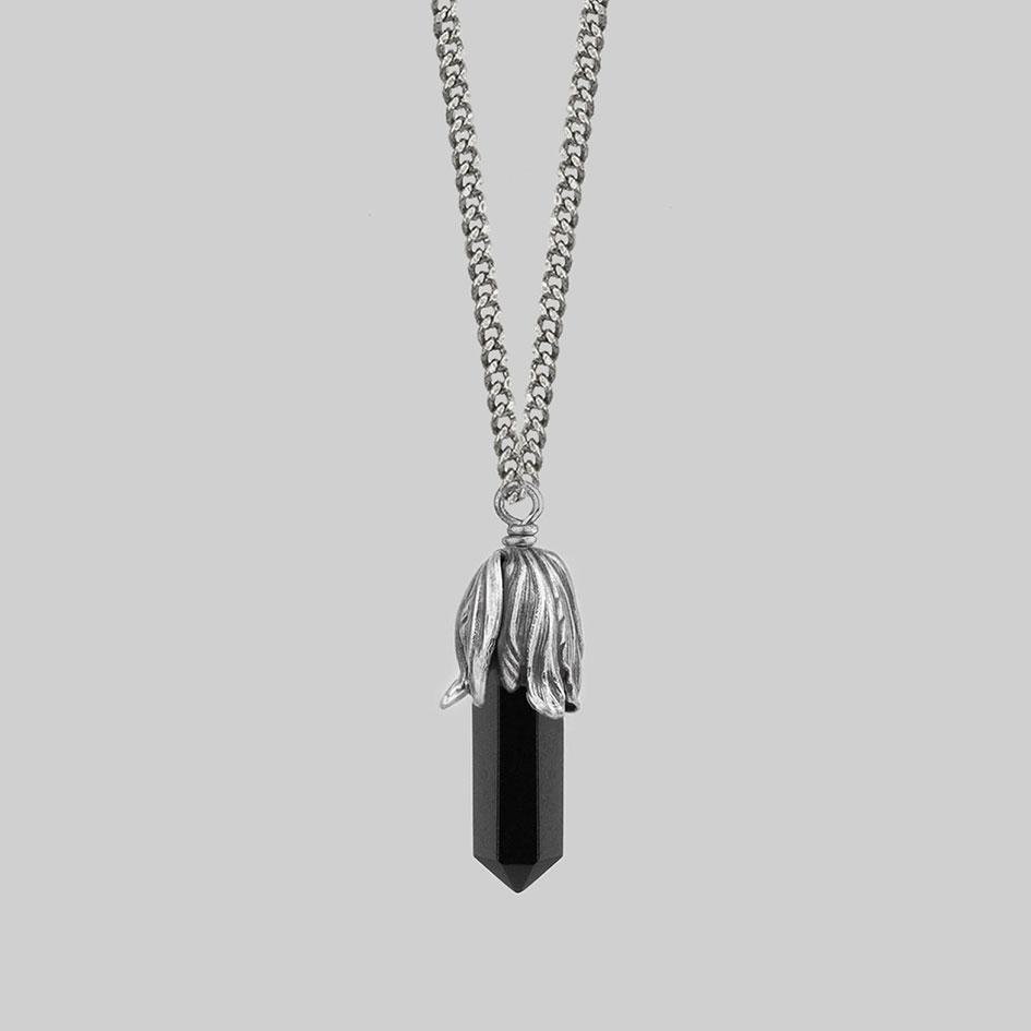 DEATH BLOOM. Black Agate Gemstone Necklace - Silver - Image 2