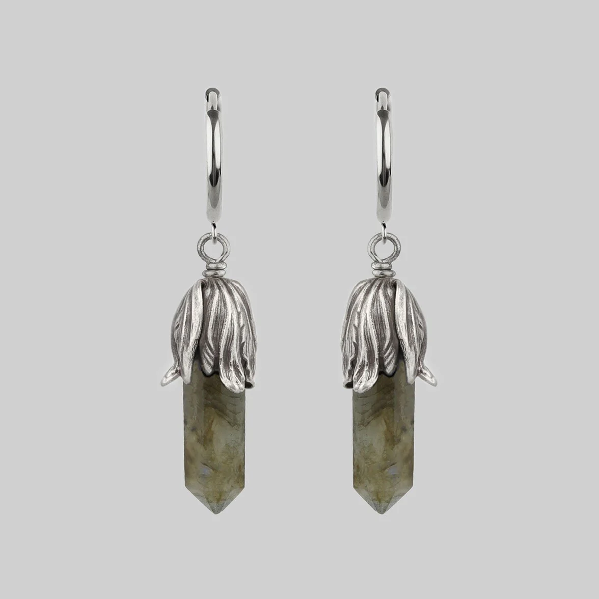 DEATH BLOOM. Labradorite Gemstone Hoop Earrings - Silver