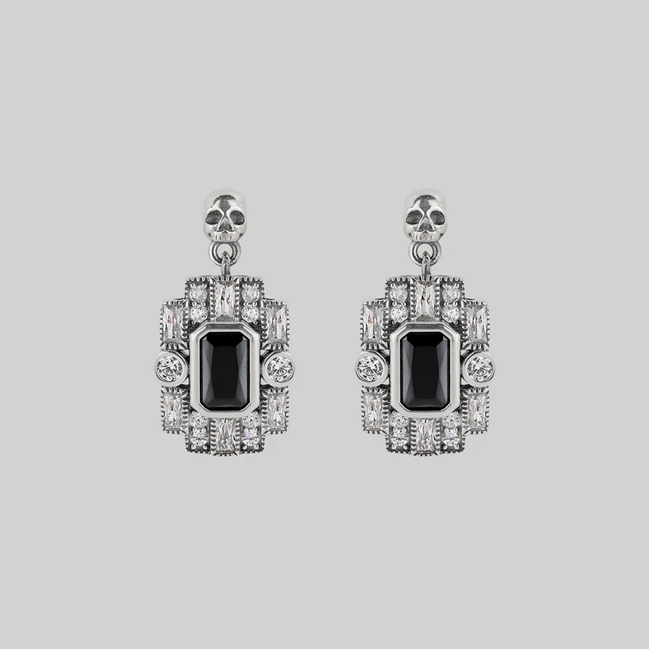 DECO. Skull & Black Spinel Statement Earrings - Silver