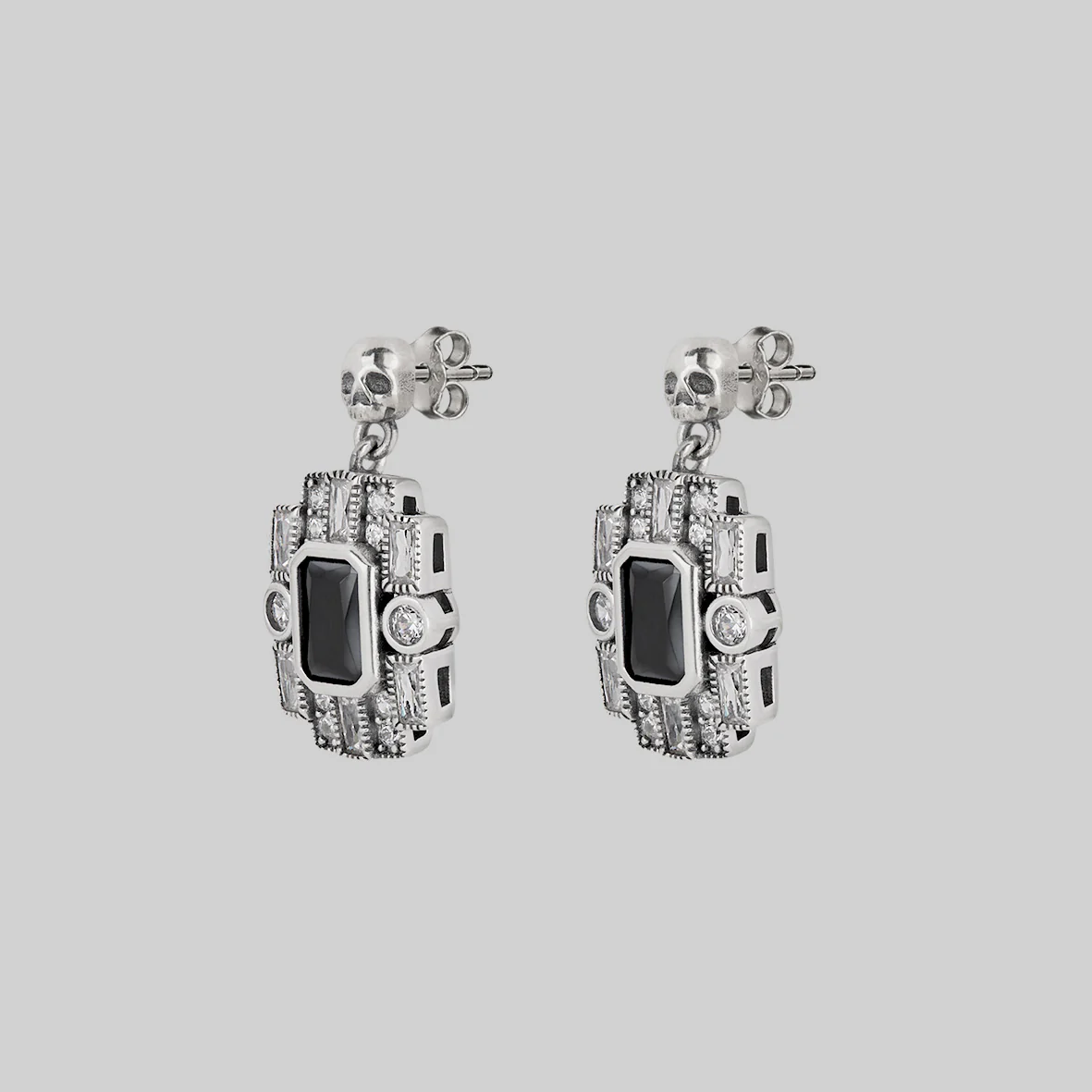 DECO. Skull & Black Spinel Statement Earrings - Silver - Image 2