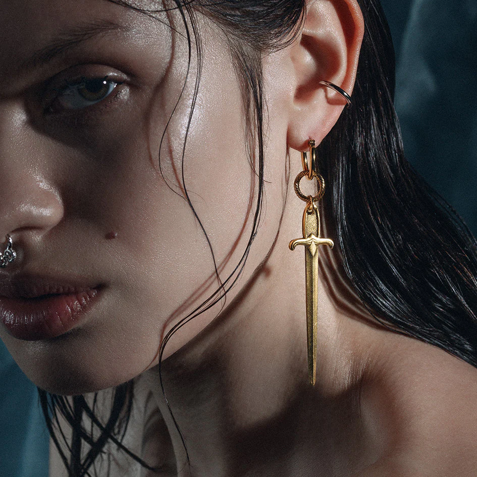 DEMISE. Sword Drop Hoop Earrings - Gold