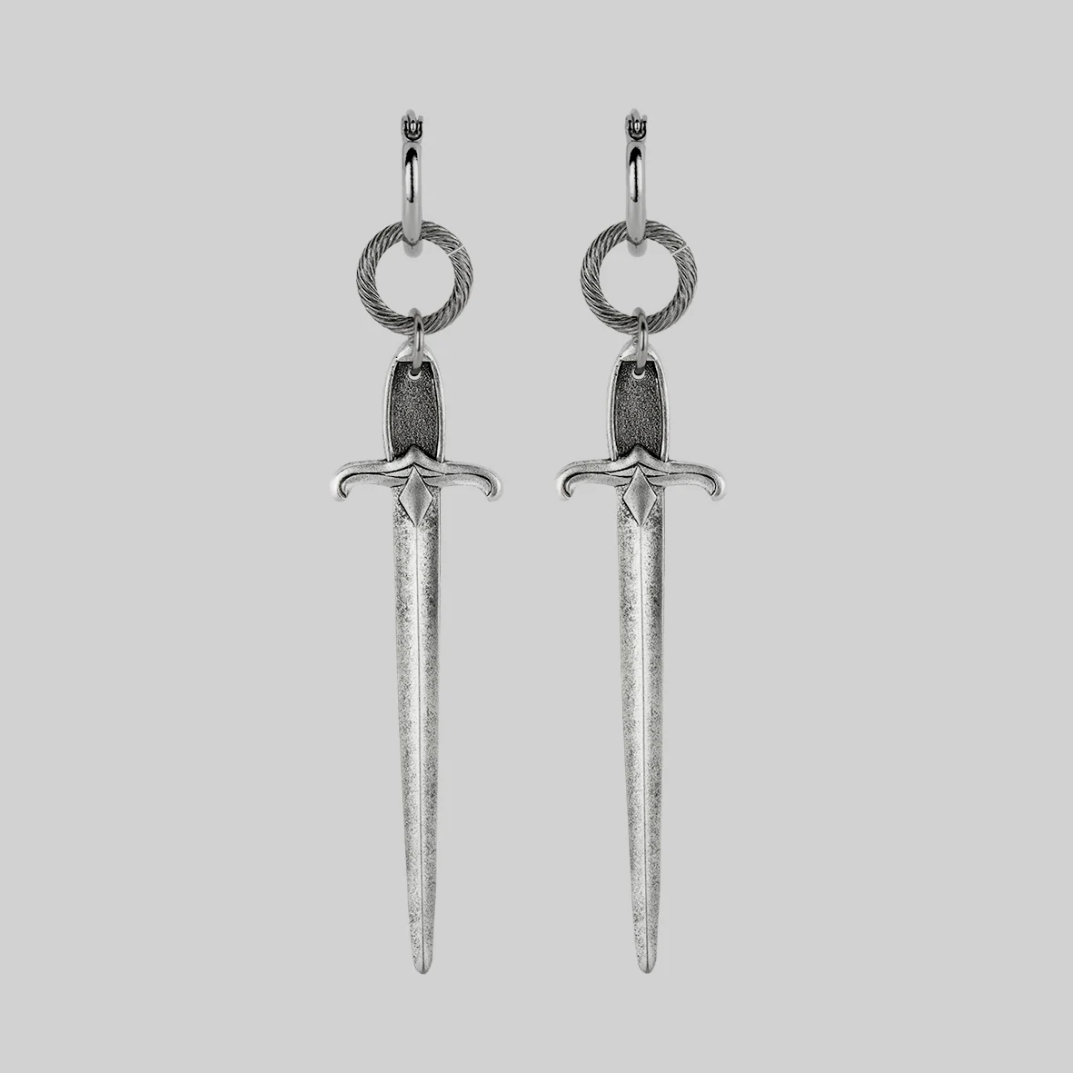 DEMISE. Sword Drop Hoop Earrings - Silver