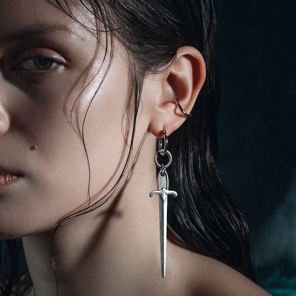 DEMISE. Sword Drop Hoop Earrings - Silver - Image 2