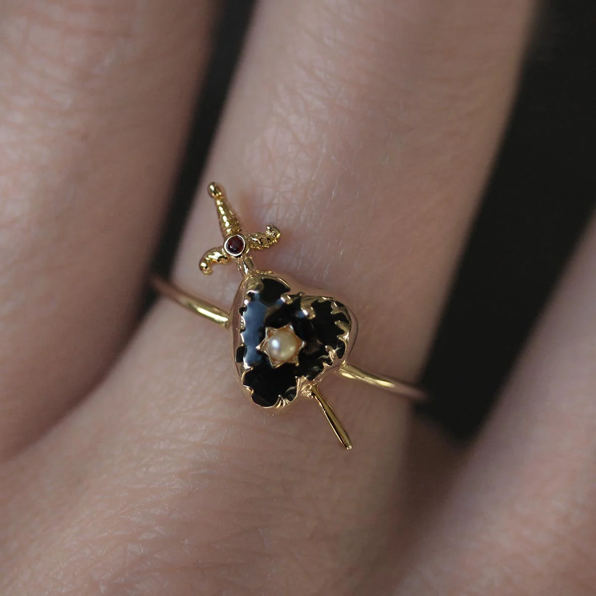 DEVOTION. Black Heart & Sword Gold Ring - Image 2