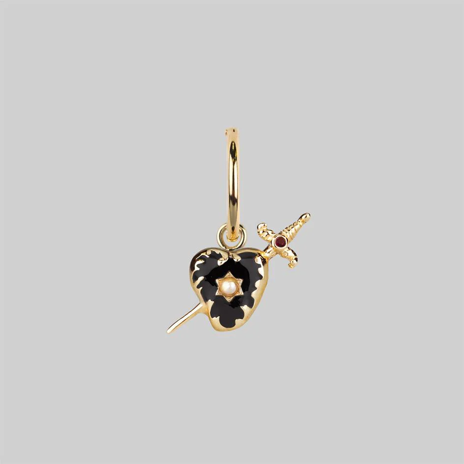DEVOTION. Black Heart & Sword Hoop Earrings - Gold - Image 2