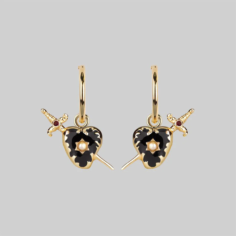 DEVOTION. Black Heart & Sword Hoop Earrings - Gold - Image 3
