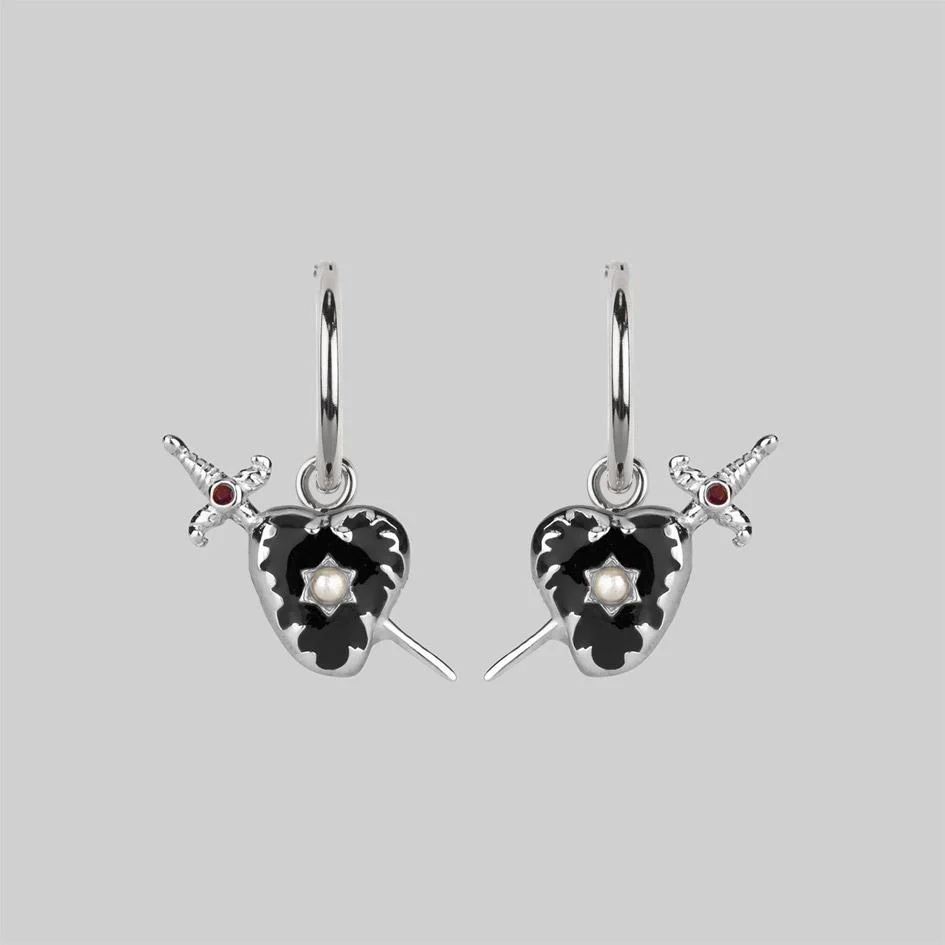 DEVOTION. Black Heart & Sword Hoop Earrings - Silver - Image 3
