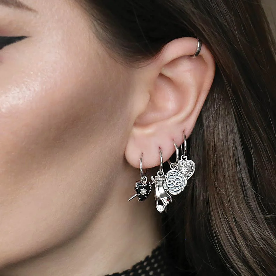 DEVOTION. Black Heart & Sword Hoop Earrings - Silver - Image 4