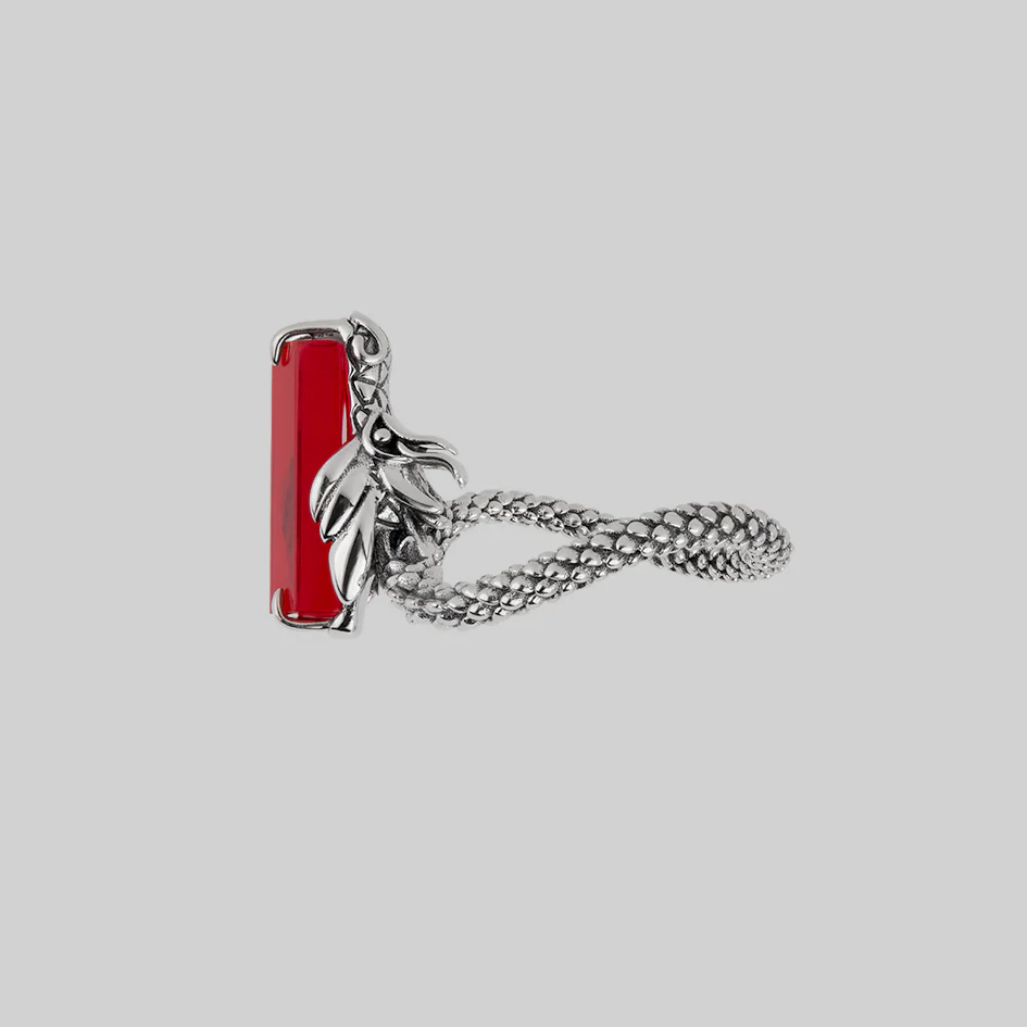 DRAKE. Red Glass Dragon Ring - Silver - Image 3