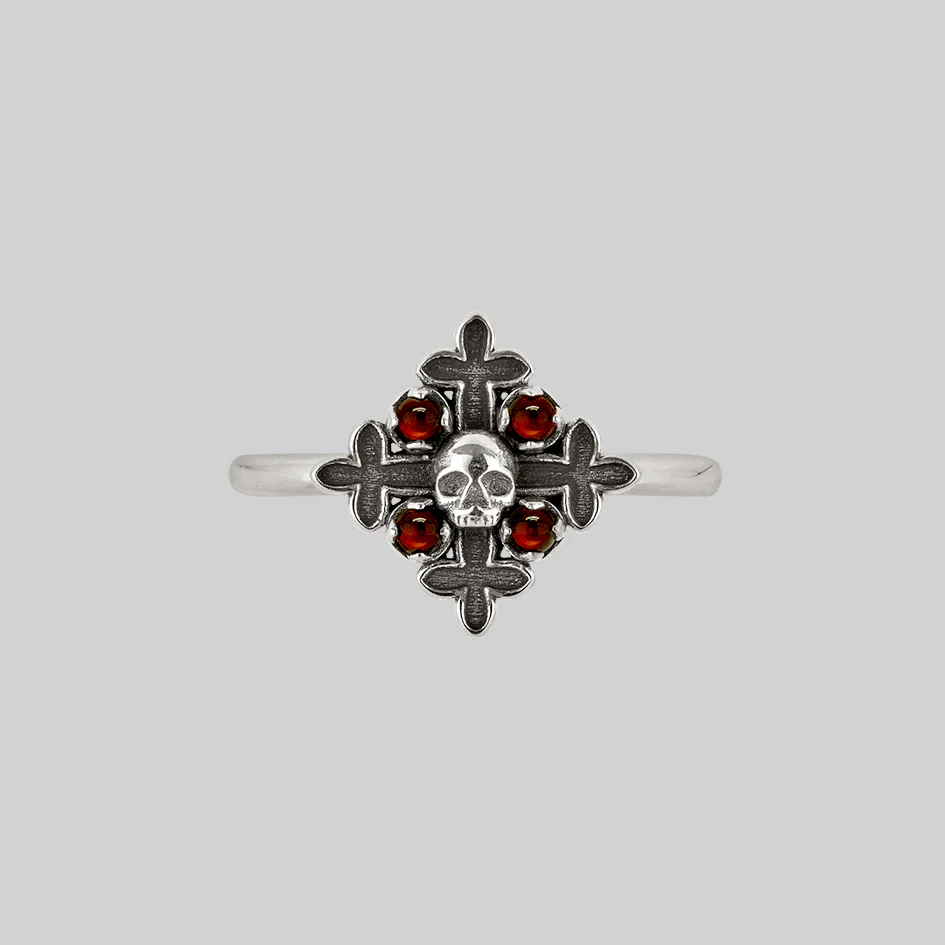 ELVIRA. Medieval Cross Garnet Ring - Silver