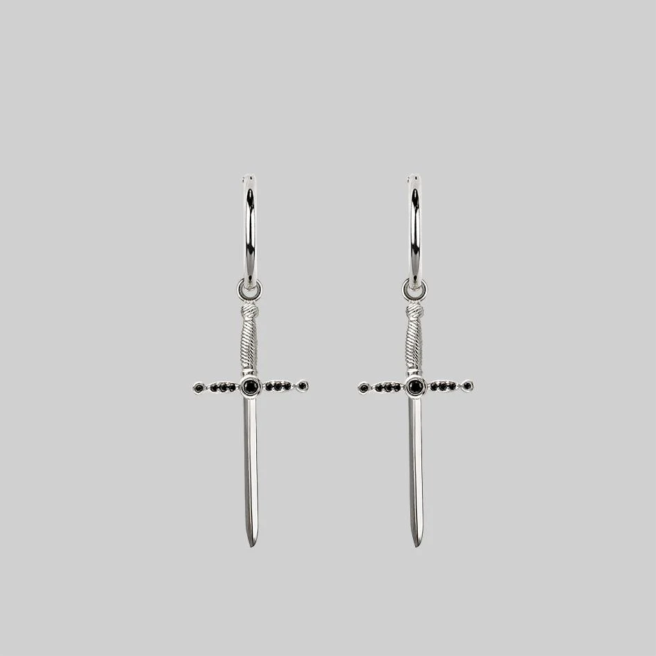 ELYSIAN. Black Spinel Dagger Hoop Earrings - Silver - Image 2
