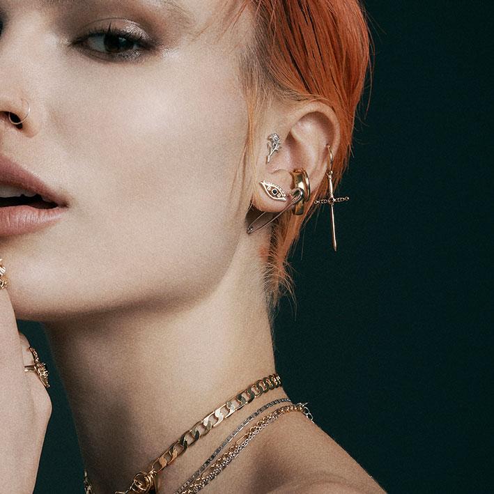 ELYSIAN. Black Spinel Dagger Hoop Earrings - Silver - Image 3
