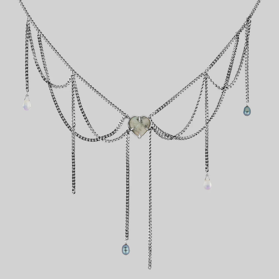 ENRAPTURED. Multi Drop Heart Gemstone Chain Necklace - Silver - Image 3