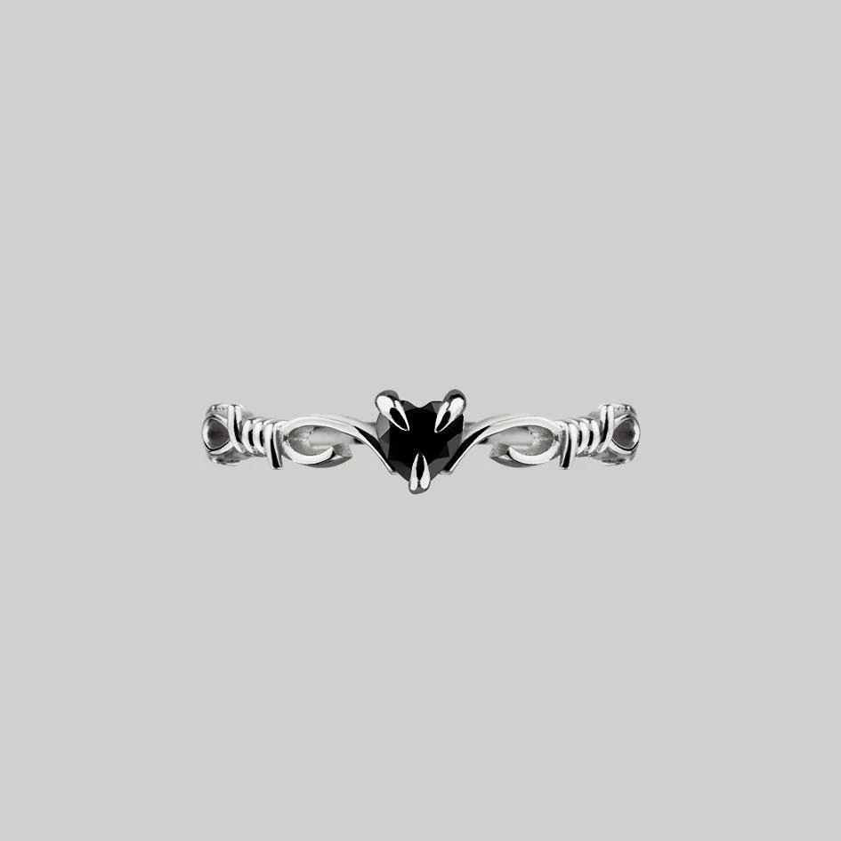 FATAL. Barbed Wire & Black Spinel Heart Ring - Silver