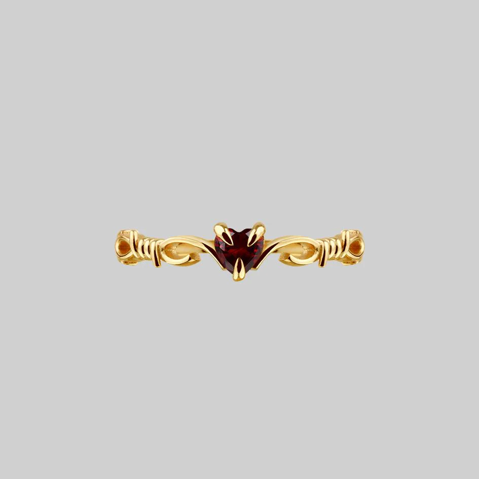 FATAL. Barbed Wire & Garnet Heart Ring - Gold