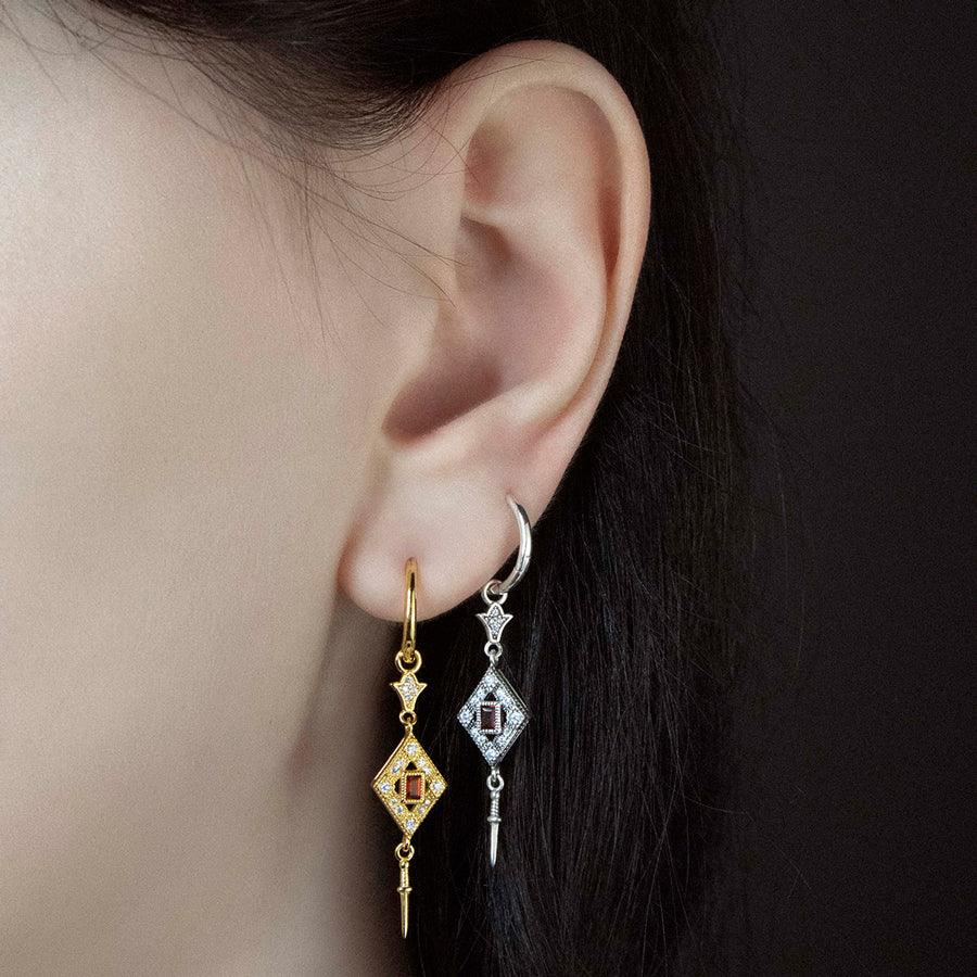 FLAPPER. Gatsby Garnet & Sword Hoop Earrings - Gold
