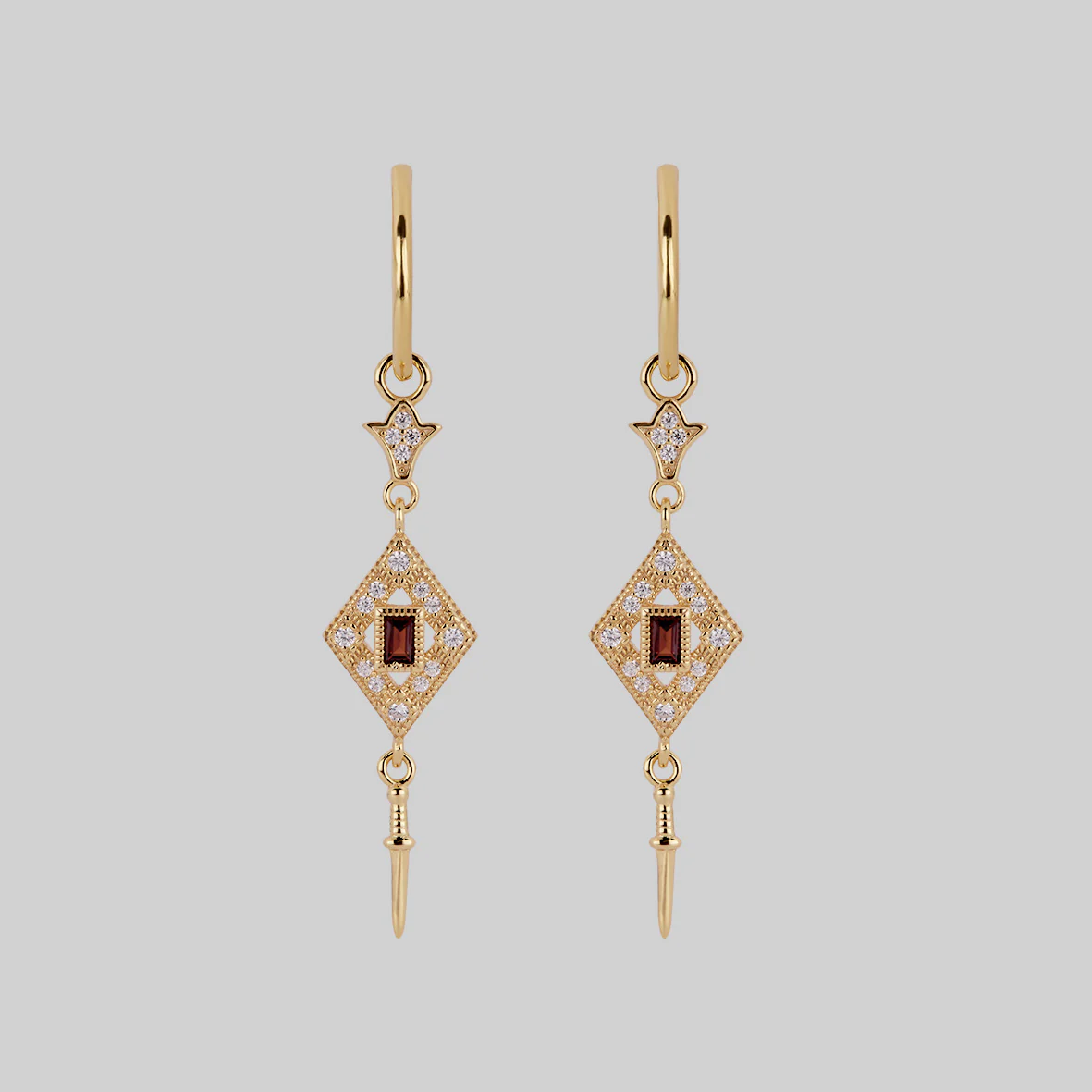 FLAPPER. Gatsby Garnet & Sword Hoop Earrings - Gold - Image 2